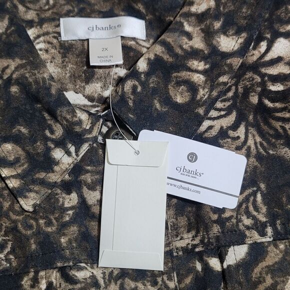 CJ Banks NWT Floral Black & Tan Long Sleeve Button-Up Blouse - Picture 6 of 7